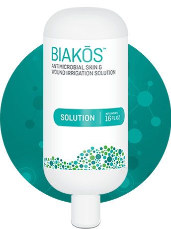 BIAKŌS™ ANTIMICROBIAL SKIN & WOUND IRRIGATION SOLUTION works synergistically to irrigate and remove microbes from the wound bed to help eliminate planktonic, immature and mature biofilms.
